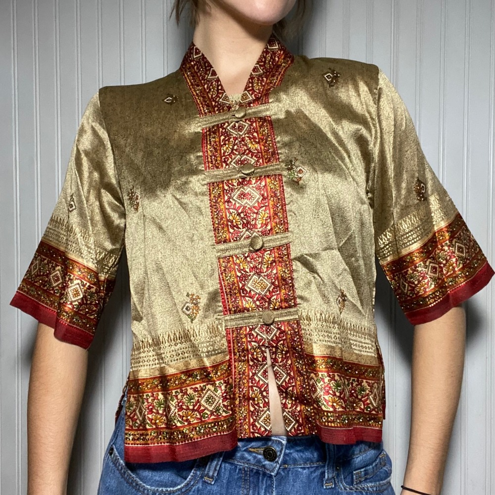 Chai Lief Traditional Gold Red Thai Style Blouse Frog Closure Mandarin Collar- S